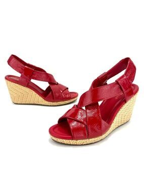 Cole Haan Platform Wedge Sandal Size 9.5 Red Leather Beige Jute Sling Back Comfy